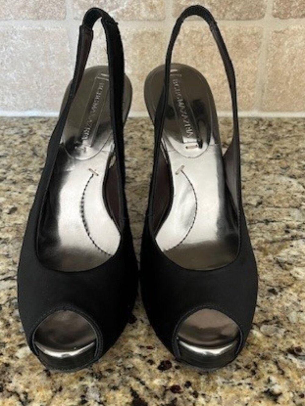 Like New!!  BCBGMAZARIA Satin Black Pep Toe, Sling back heels, size: 7.5M